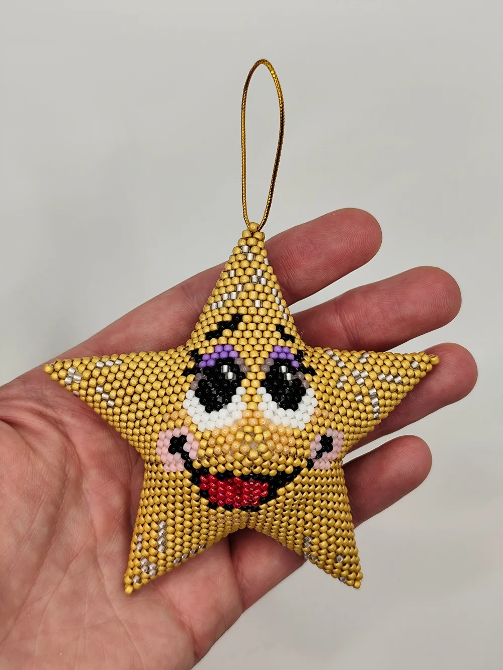 Gold Beaded Star Face Ornament - Decorative Holiday Hanging